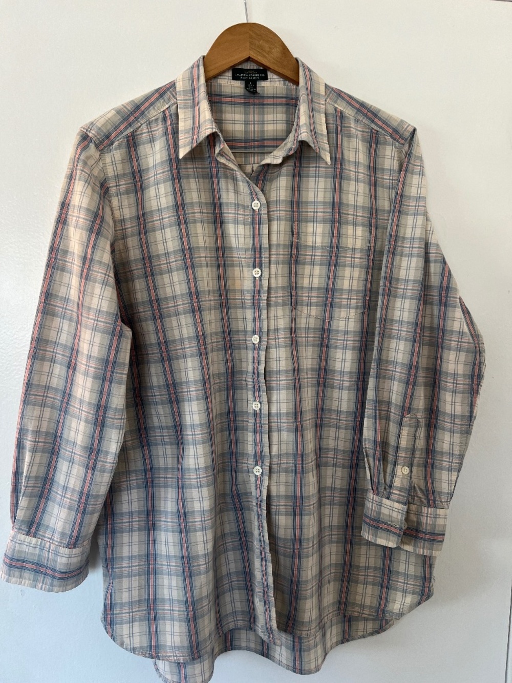 Cabincore Western Neutrals Plaid 100% Cotton Oversized Button-Down Shirt (L)